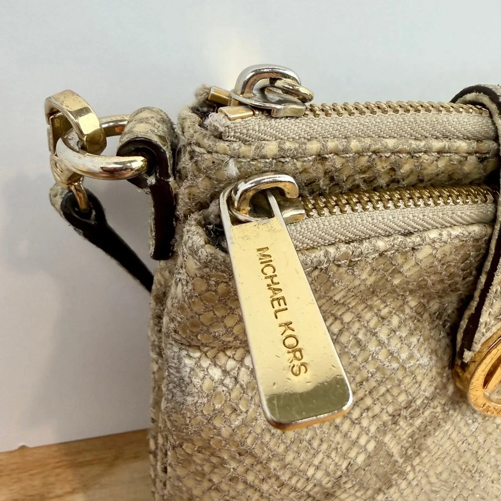 Michael Kors Snakeskin Embossed Leather Crossbody Bag Gold MK Logo Beige Tan